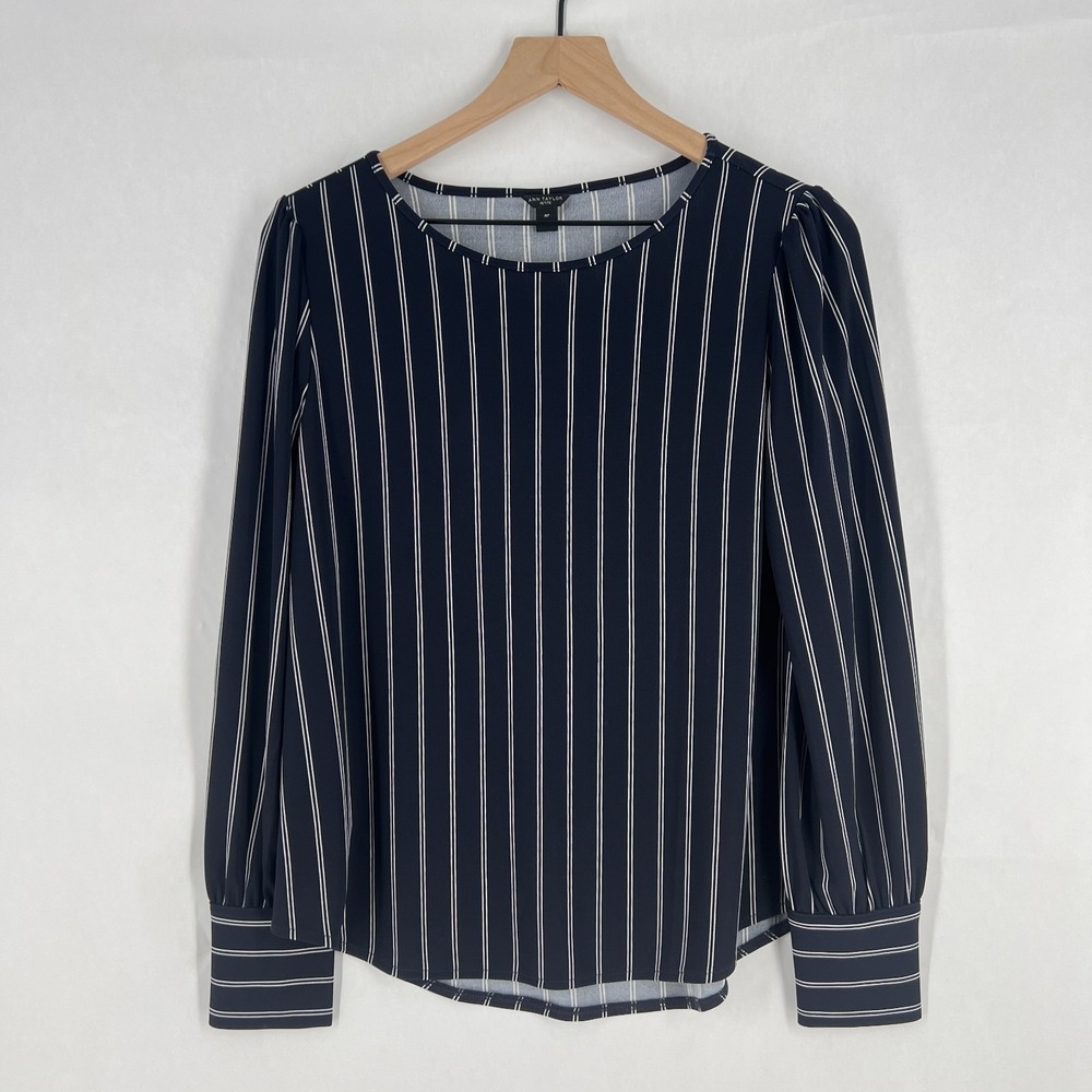 Ann Taylor Blouse Top Womens Medium Petite Navy Blue White Striped Puff Sleeve